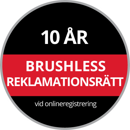 Rund garanti-logotyp med texten ”10 års Brushless-reklamationsrätt vid registrering på nätet” på en svart och röd bakgrund.