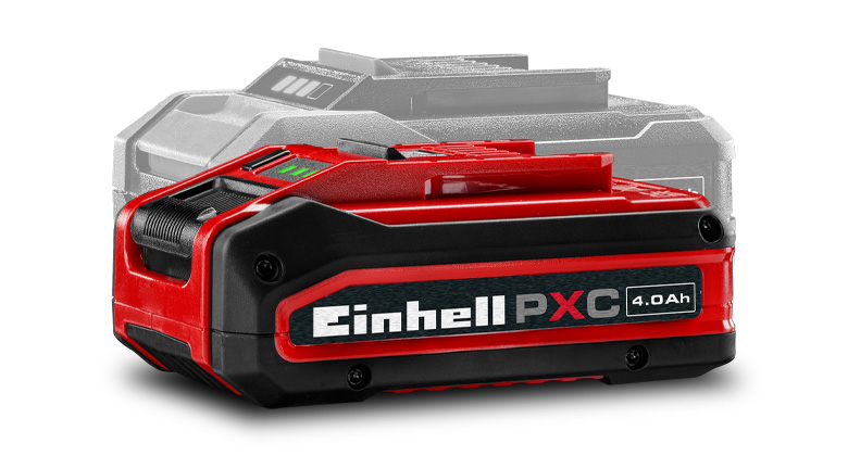 Einhell Power X-Change-batteri med kapacitet på 4,0 Ah visas i färg i förgrunden, med ett nedtonat batteri i bakgrunden.