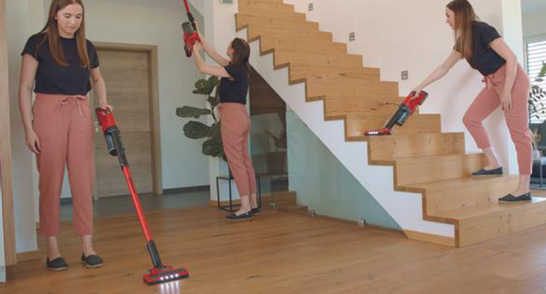 Woman cleaning room with vacuum cleaner in three positions